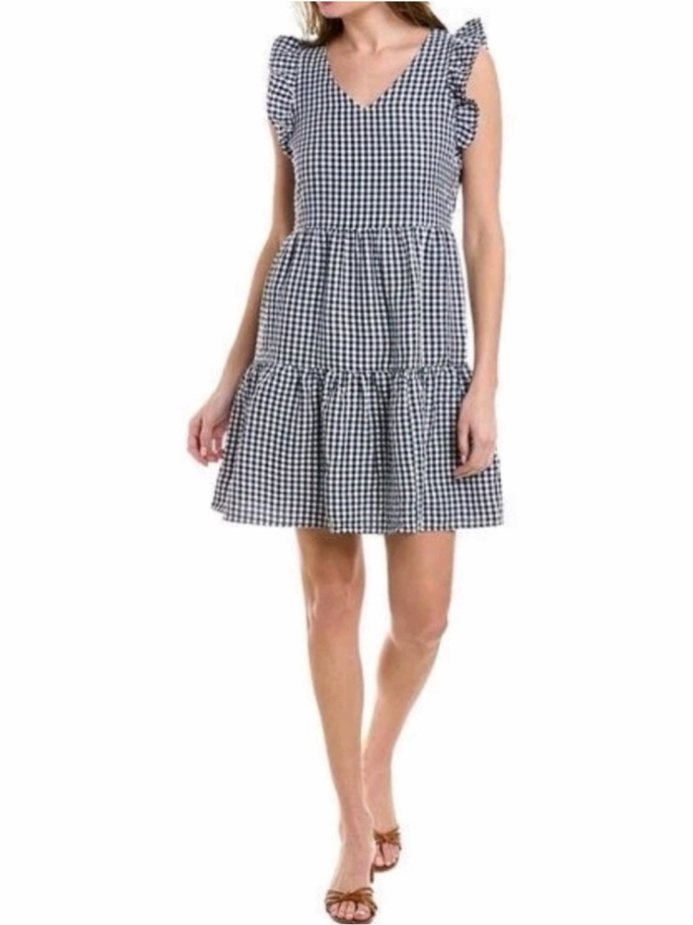 Duffield Lane Navy Blue White Gingham Gwen Seersucker Tiered Mini Dress Medium